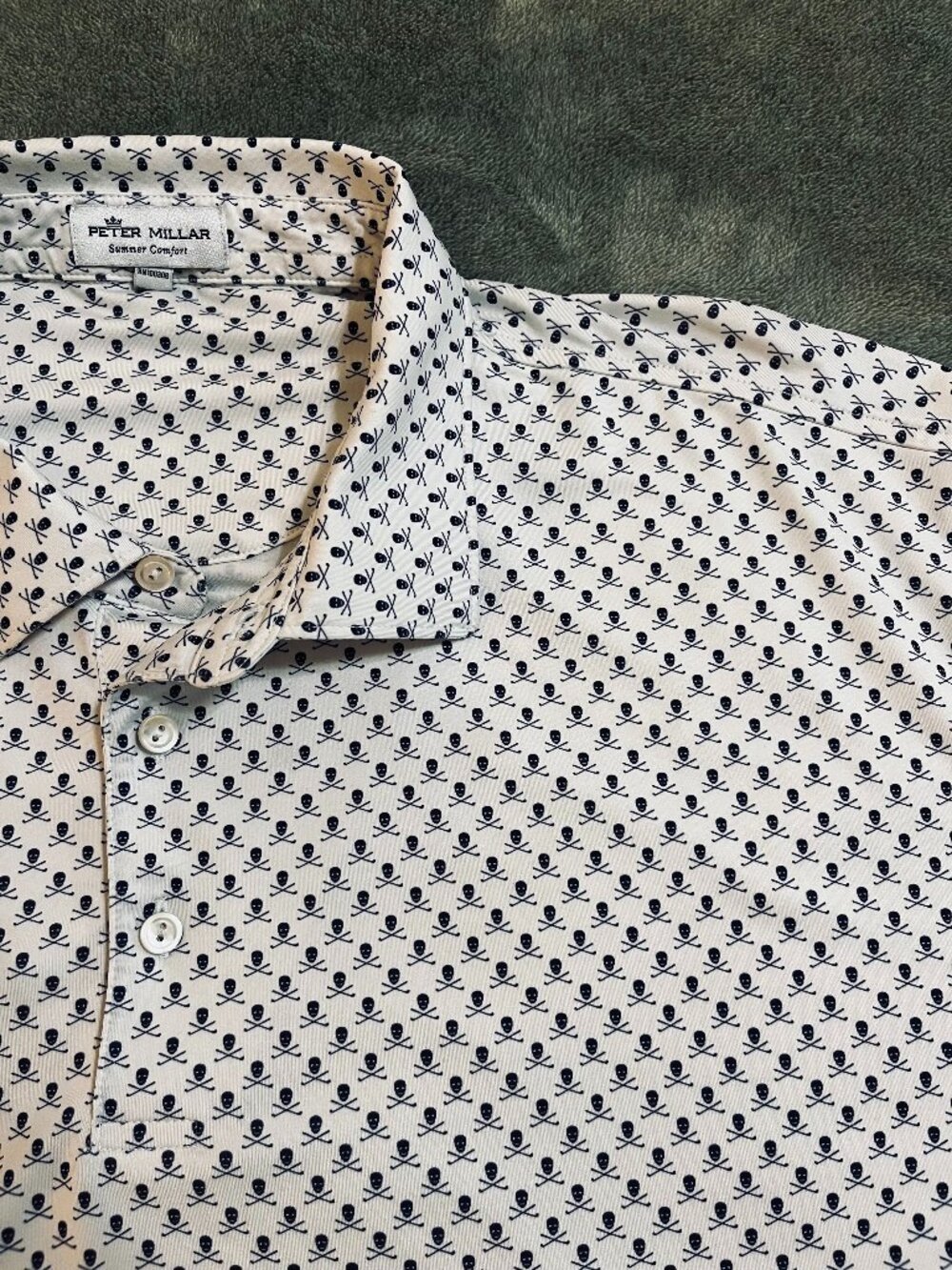 Peter Millar Summer Comfort Mens Polo XXL Skull Golf Club Print Shirt White/Navy